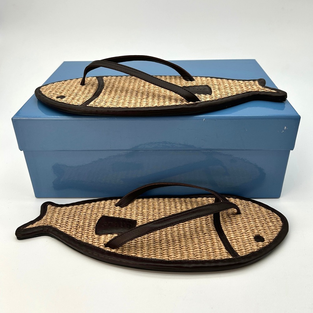 STAUD Fish Flop Size 7.5 (EU 37.5) Womens Flip Flops Natural Raffia Leather NEW - Picture 2 of 7